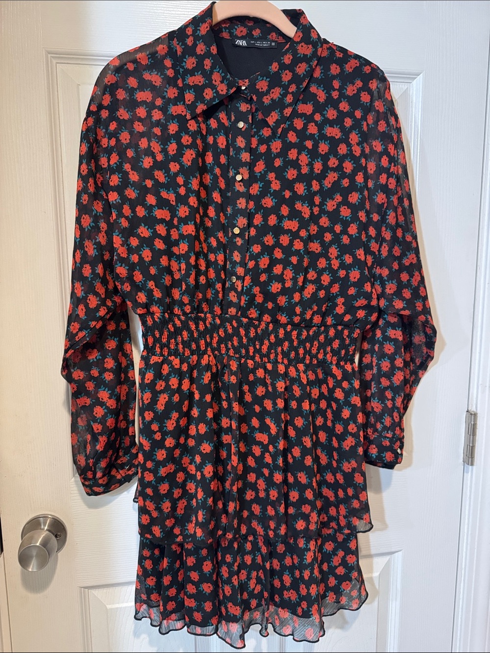 Zara Black Mini Dress with Red Floral Print, Elastic Waist and Collared Neckline